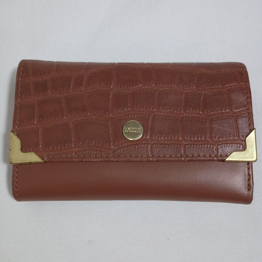 LODIS Brown Leather  Lydia Trifold Wallet RFID 8 Slot Croc Emboss Brass Detail